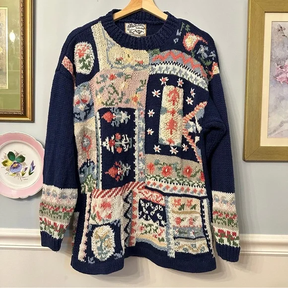 Heirloom Collectibles Vintage Patchwork Knit Sweater Cottagecore Sz Medium Ramie - Picture 1 of 9